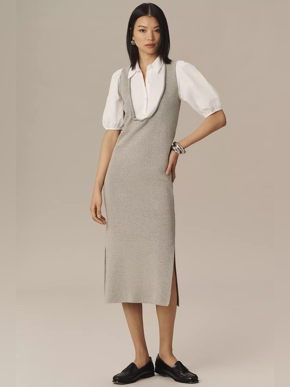 NWT Anthropologie Twofer Tiered Sleeveless Dress XS Grey White Attached Top
